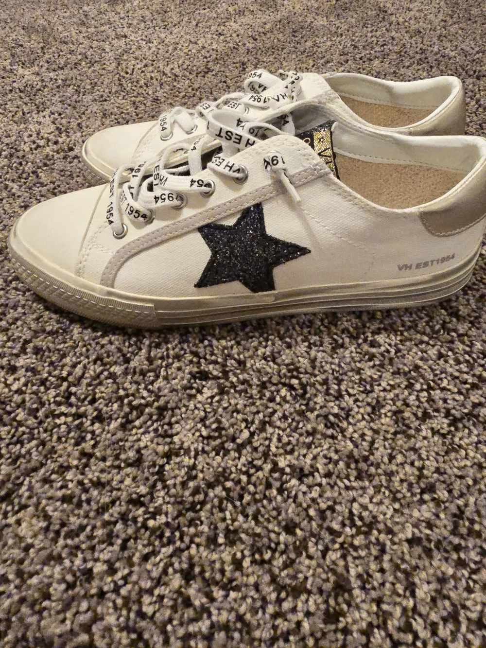 Vintage White Sneakers with Black Glitter Star Accent